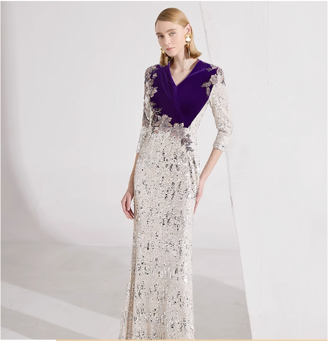 sequin mermaid dress with velvet shoulder cape - MAISA