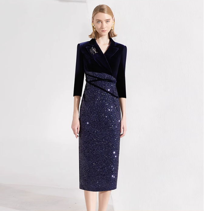velvet midi dress with sequin draped bodice – STELLAR