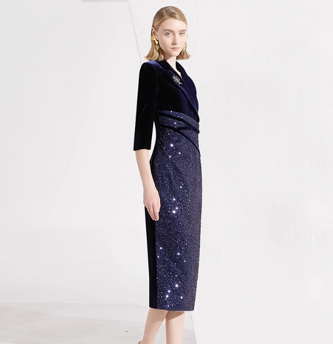 velvet midi dress with sequin draped bodice – STELLAR