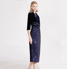 velvet midi dress with sequin draped bodice – STELLAR