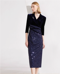 velvet midi dress with sequin draped bodice – STELLAR