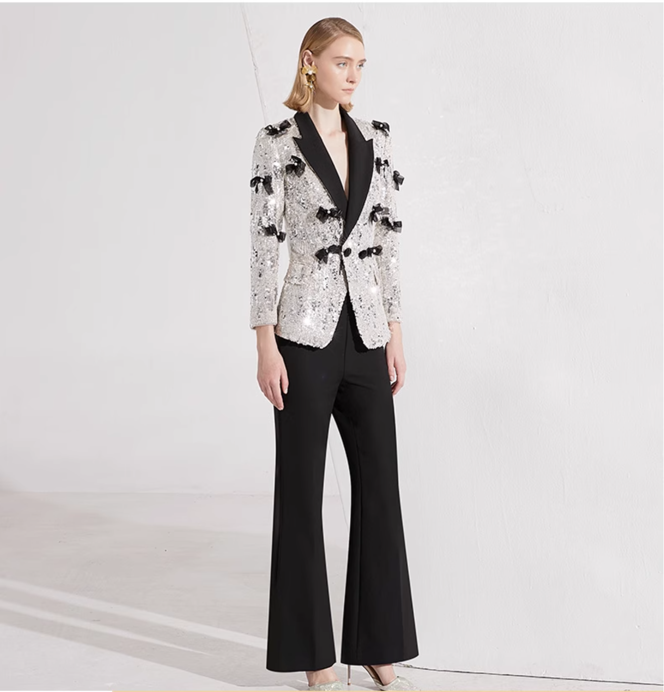 sequin tuxedo blazer with 3D bows & flared pants – STELLA