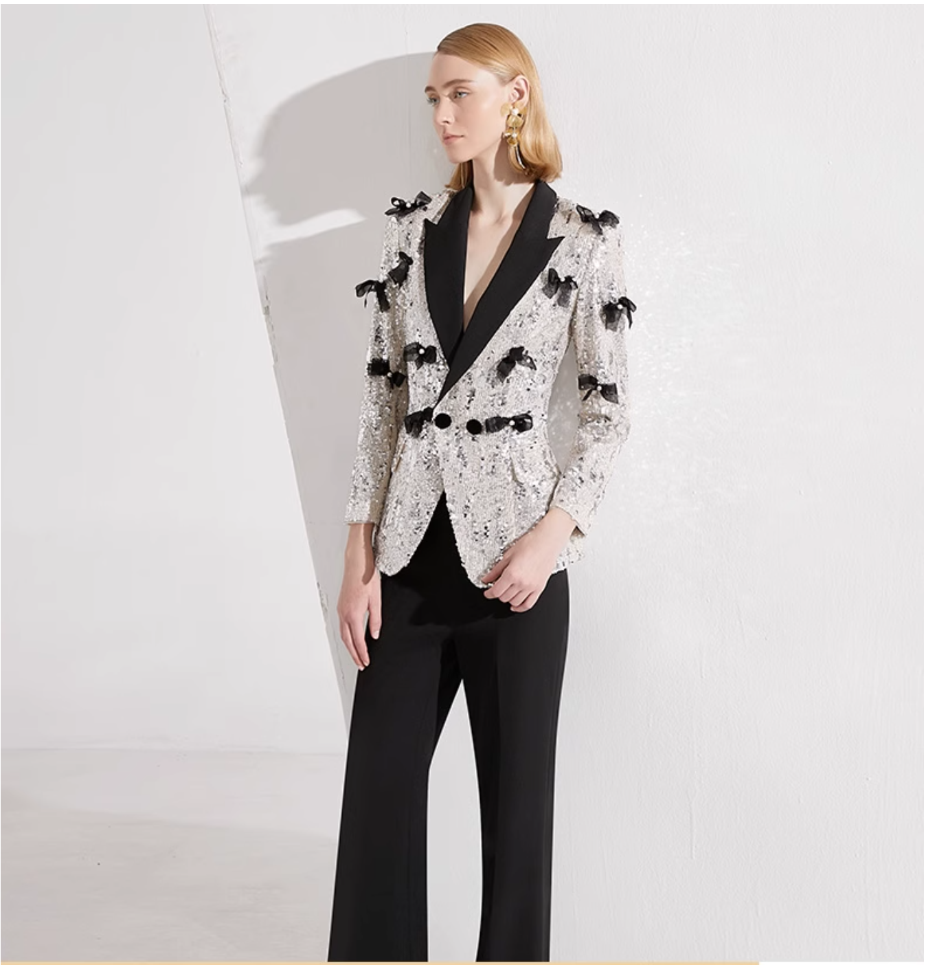 sequin tuxedo blazer with 3D bows & flared pants – STELLA