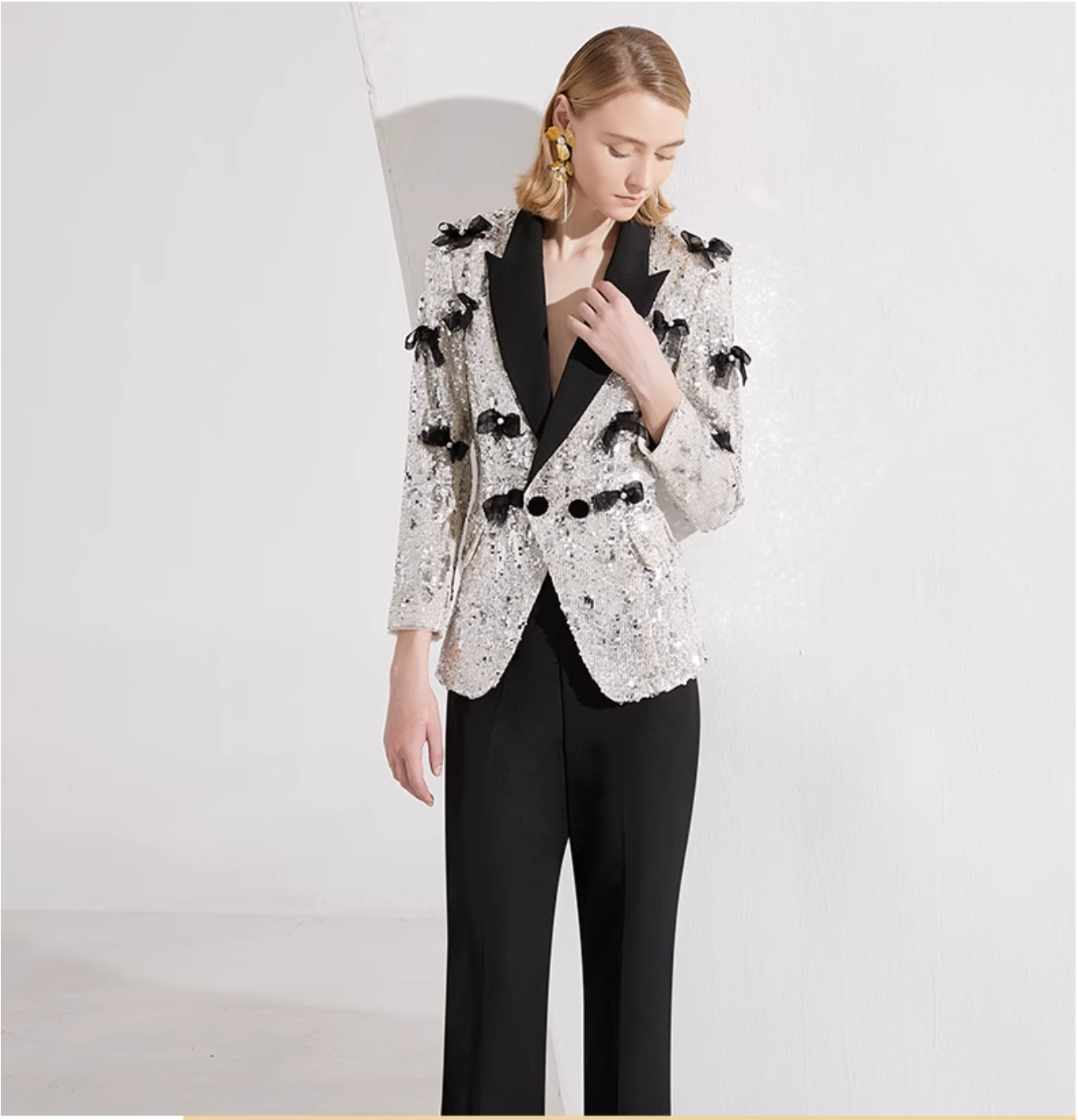 sequin tuxedo blazer with 3D bows & flared pants – STELLA