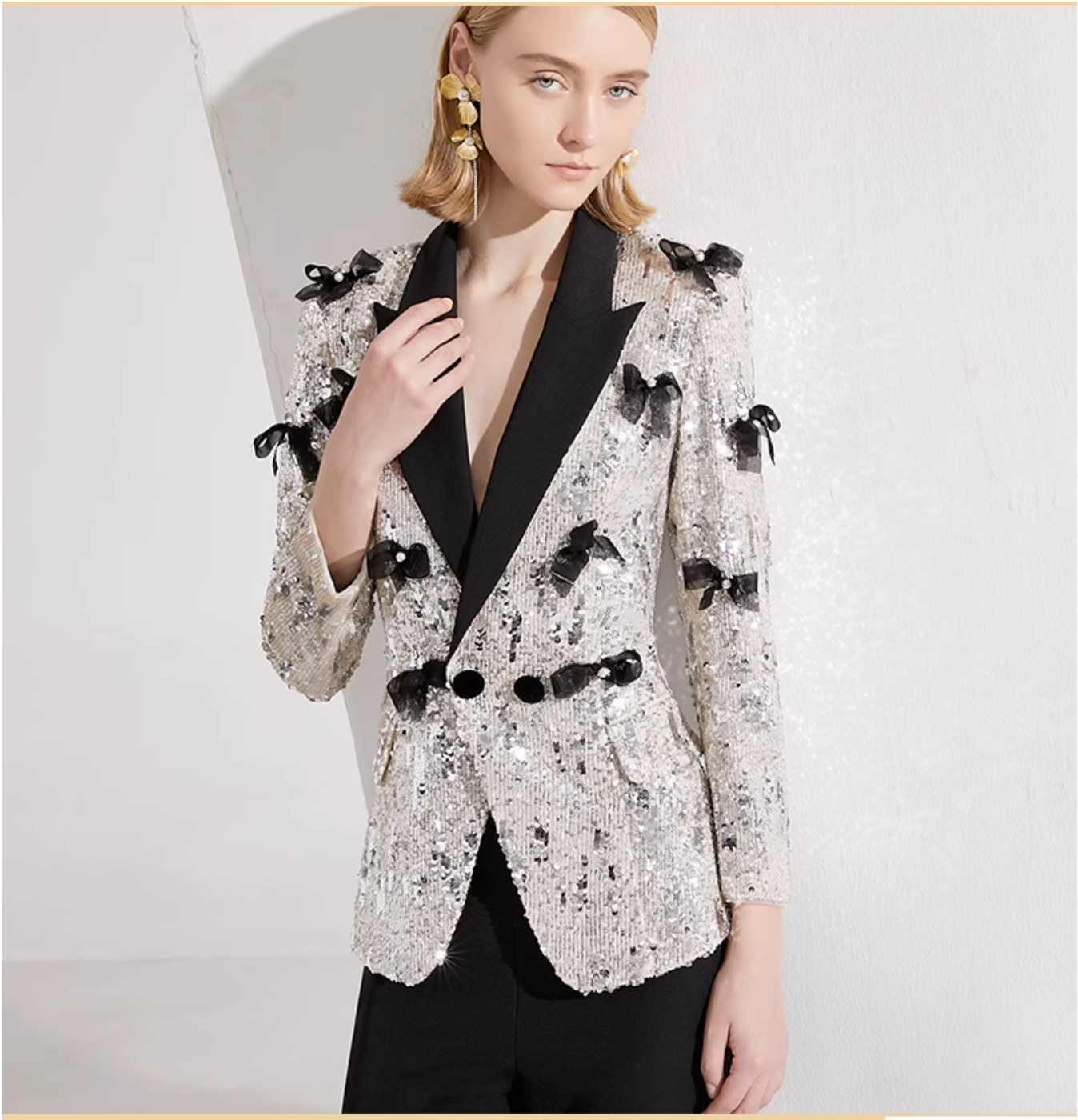 sequin tuxedo blazer with 3D bows & flared pants – STELLA