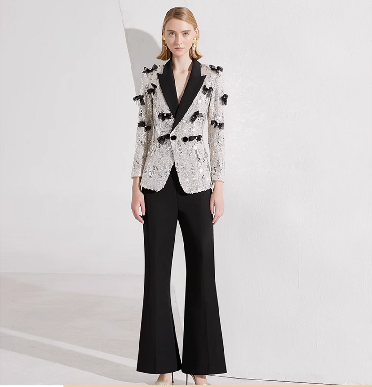 sequin tuxedo blazer with 3D bows & flared pants – STELLA