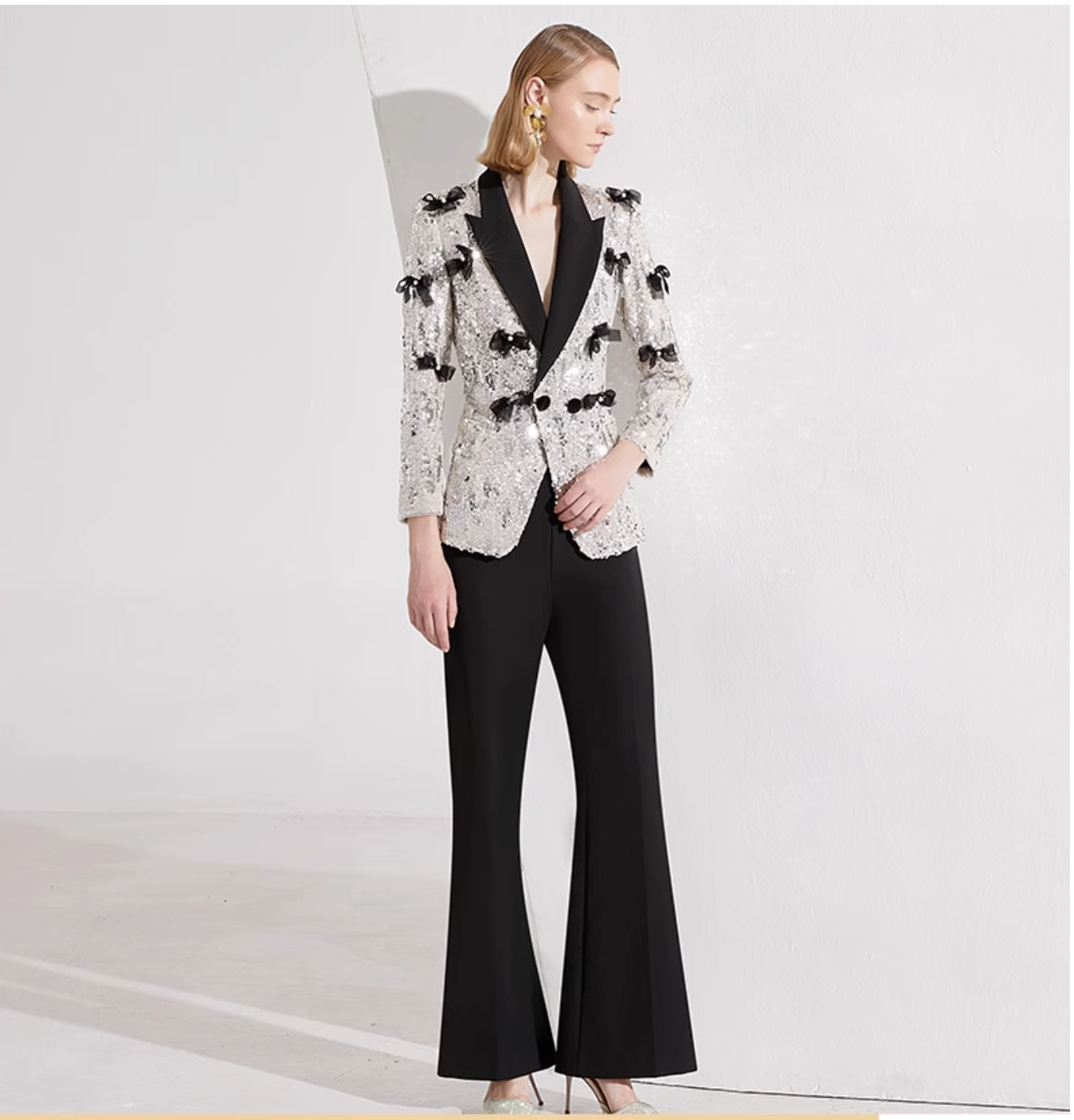 sequin tuxedo blazer with 3D bows & flared pants – STELLA