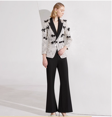 sequin tuxedo blazer with 3D bows & flared pants – STELLA
