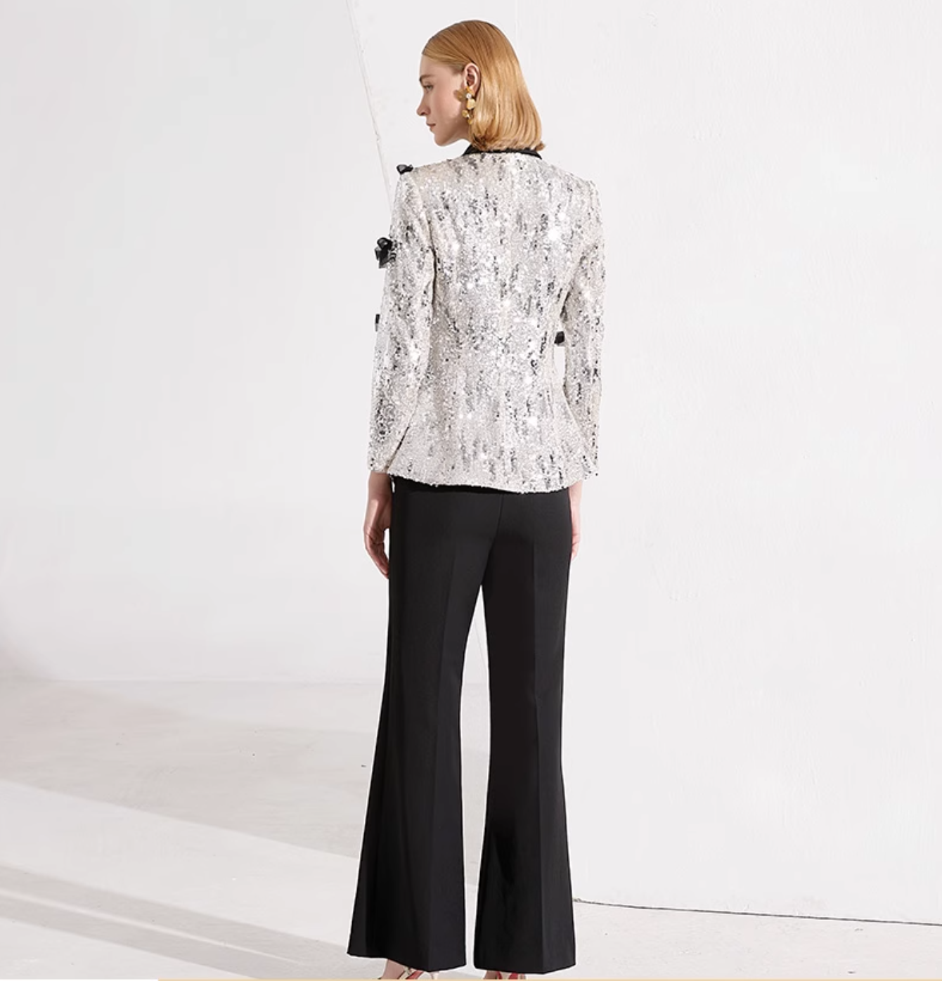 sequin tuxedo blazer with 3D bows & flared pants – STELLA