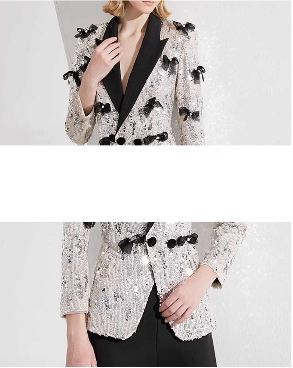 sequin tuxedo blazer with 3D bows & flared pants – STELLA