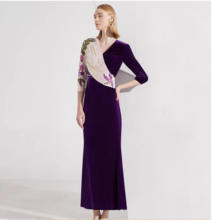 asymmetric velvet gown with floral sequin sleeve – LUCIA