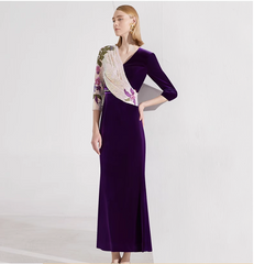 asymmetric velvet gown with floral sequin sleeve – LUCIA