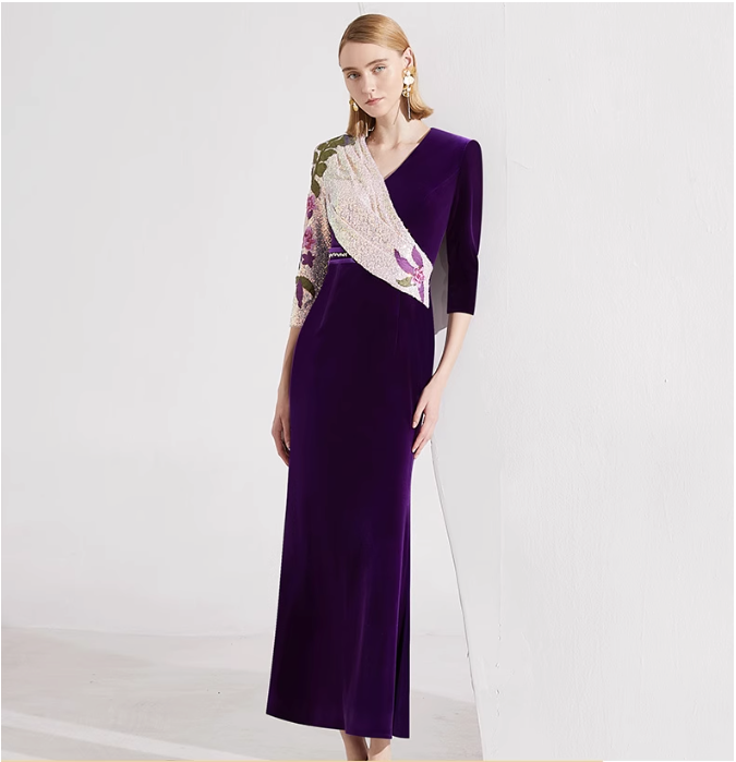 asymmetric velvet gown with floral sequin sleeve – LUCIA