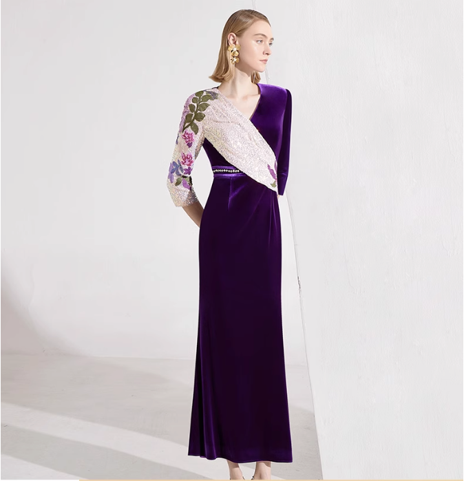 asymmetric velvet gown with floral sequin sleeve – LUCIA
