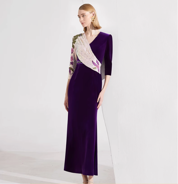 asymmetric velvet gown with floral sequin sleeve – LUCIA