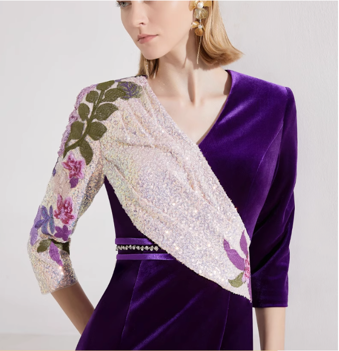 asymmetric velvet gown with floral sequin sleeve – LUCIA