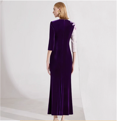 asymmetric velvet gown with floral sequin sleeve – LUCIA