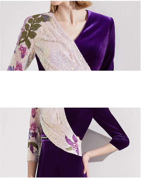 asymmetric velvet gown with floral sequin sleeve – LUCIA