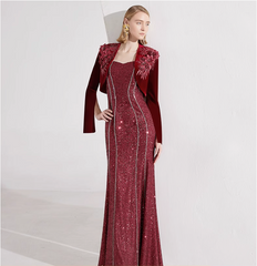 sleeveless sequin gown with velvet feathered bolero – SCARLETT
