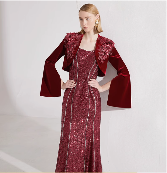 sleeveless sequin gown with velvet feathered bolero – SCARLETT