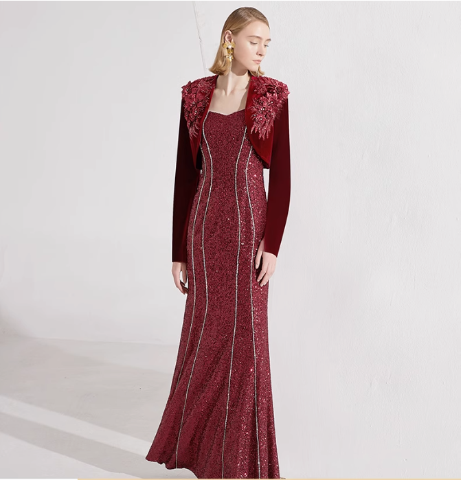 sleeveless sequin gown with velvet feathered bolero – SCARLETT