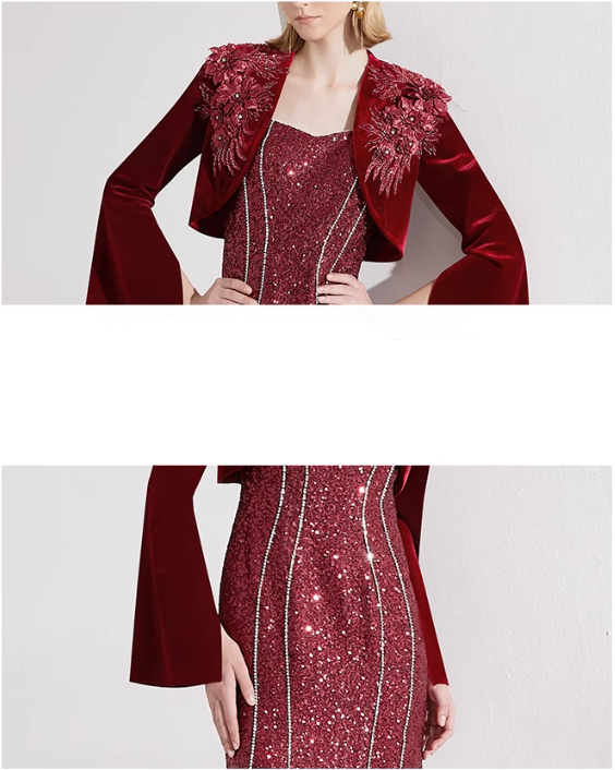 sleeveless sequin gown with velvet feathered bolero – SCARLETT