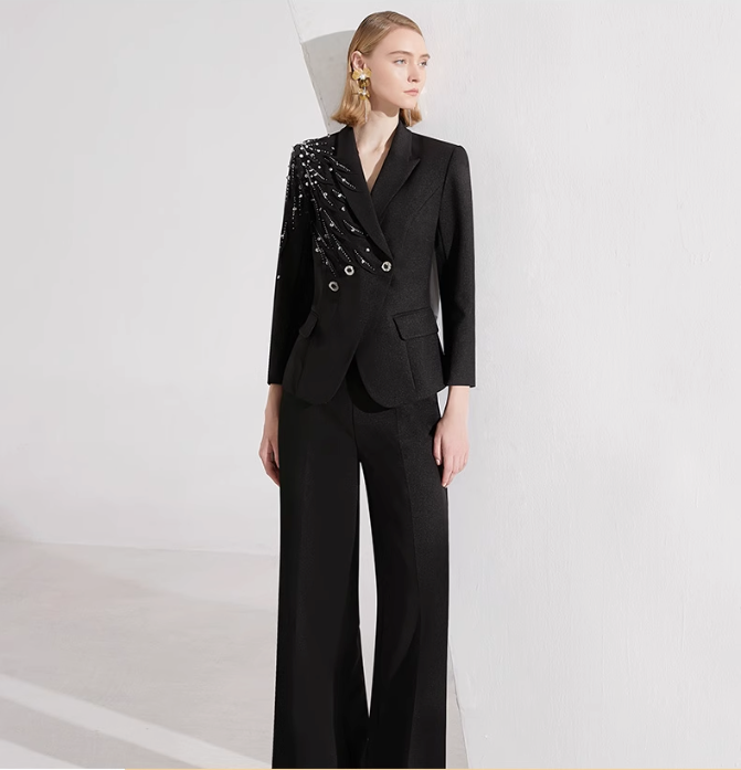 embellished tailored pantsuit with asymmetric beading – NOIR