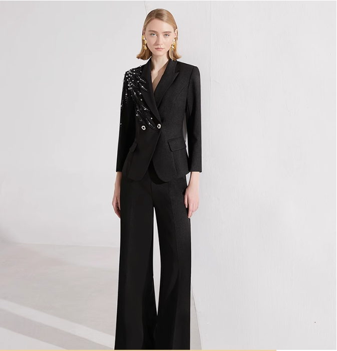 embellished tailored pantsuit with asymmetric beading – NOIR