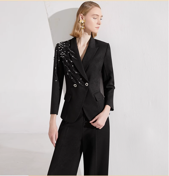 embellished tailored pantsuit with asymmetric beading – NOIR