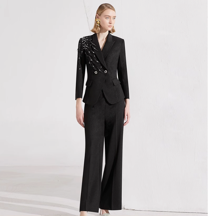 embellished tailored pantsuit with asymmetric beading – NOIR