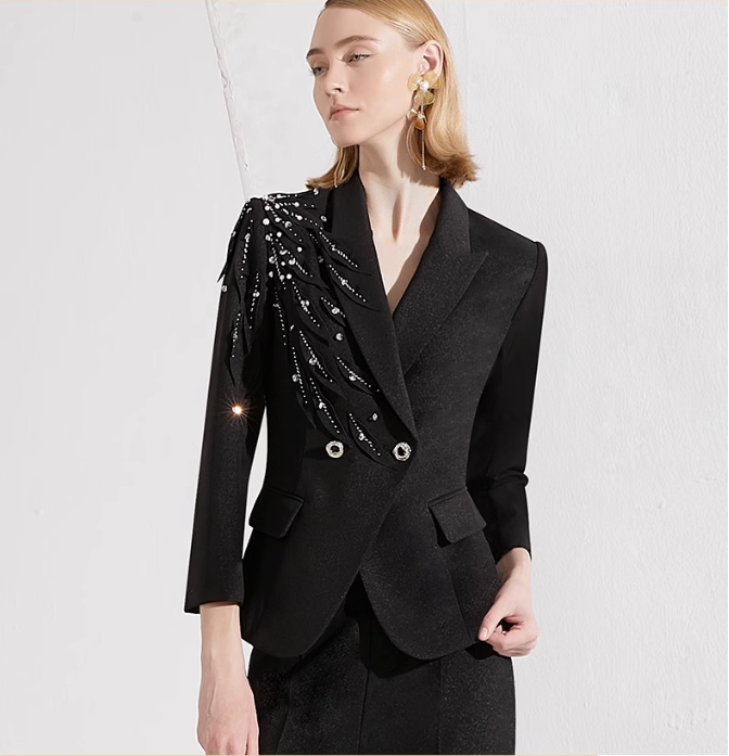embellished tailored pantsuit with asymmetric beading – NOIR