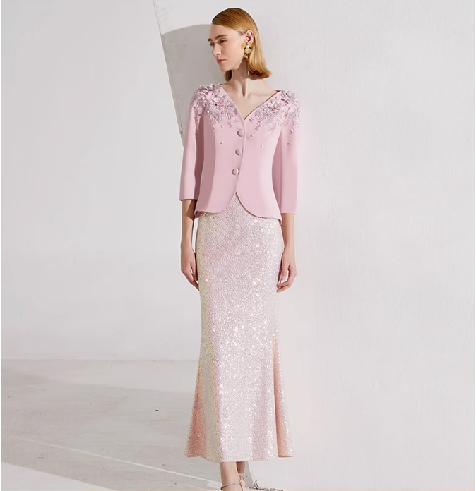sequin mermaid skirt with embellished V-neck jacket – ROSALIE