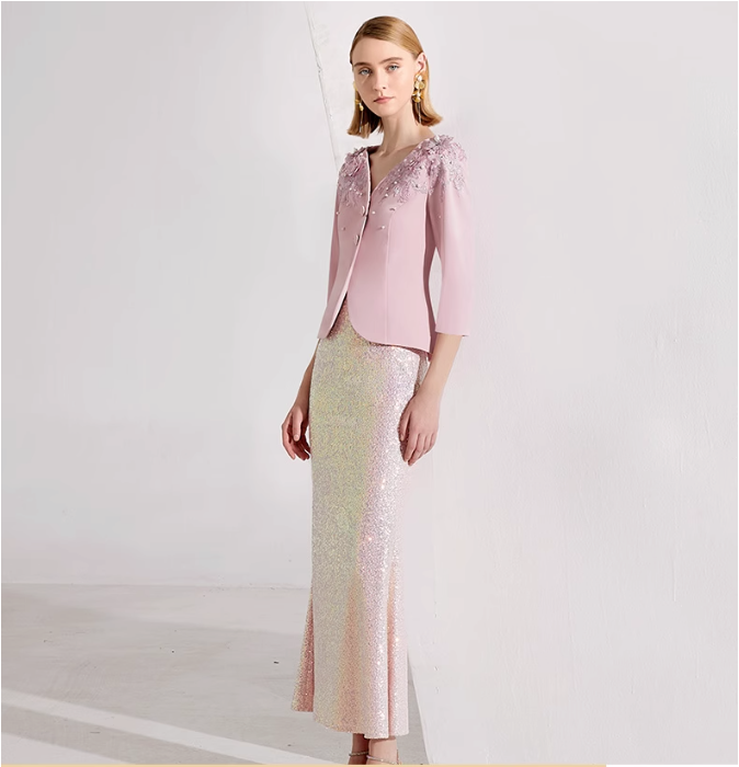 sequin mermaid skirt with embellished V-neck jacket – ROSALIE