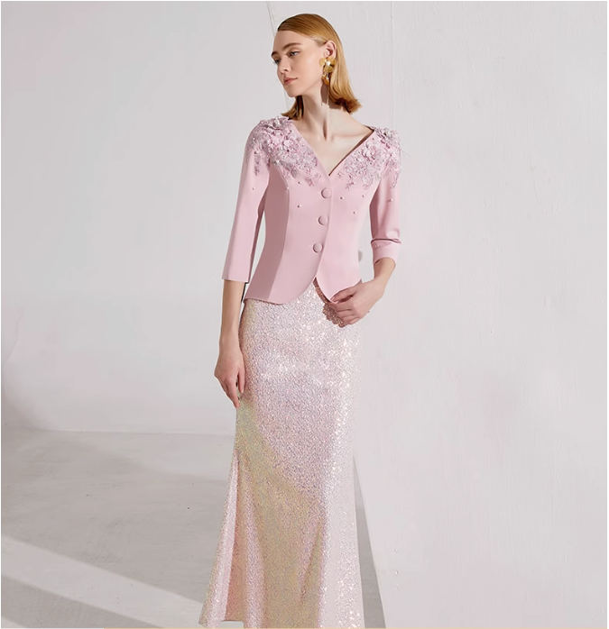 sequin mermaid skirt with embellished V-neck jacket – ROSALIE