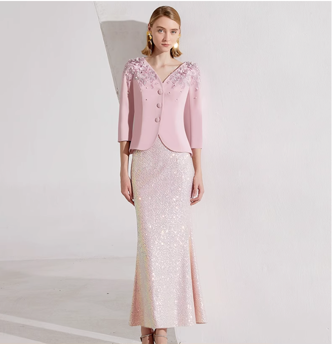 sequin mermaid skirt with embellished V-neck jacket – ROSALIE