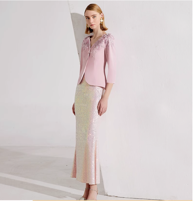 sequin mermaid skirt with embellished V-neck jacket – ROSALIE