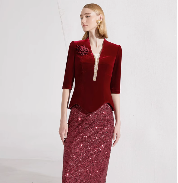 velvet top with floral brooch & sequin pencil skirt – RUBINA