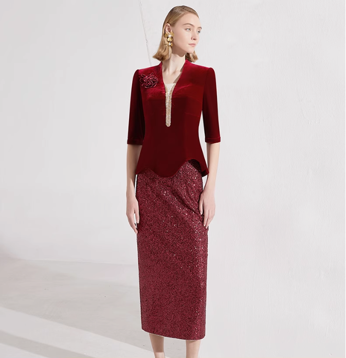 velvet top with floral brooch & sequin pencil skirt – RUBINA