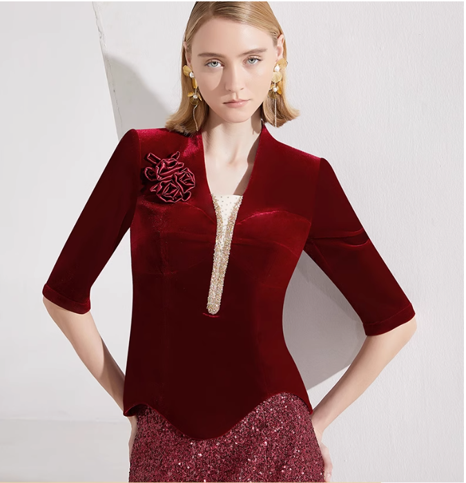 velvet top with floral brooch & sequin pencil skirt – RUBINA