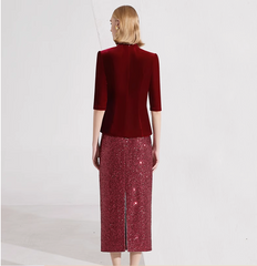 velvet top with floral brooch & sequin pencil skirt – RUBINA