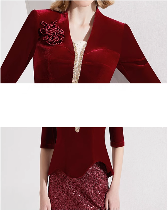 velvet top with floral brooch & sequin pencil skirt – RUBINA