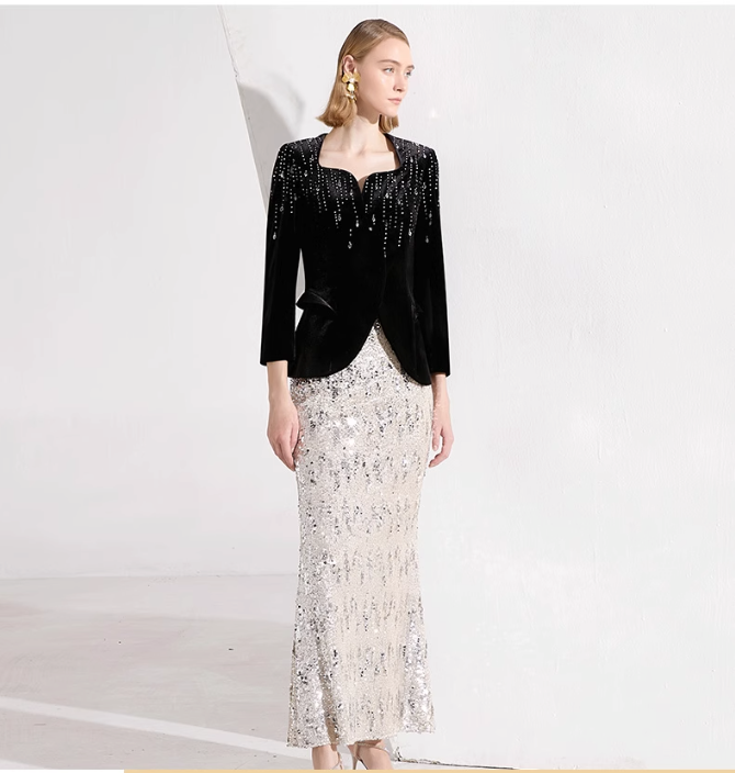 velvet embellished jacket with silver sequin mermaid skirt – AURORA