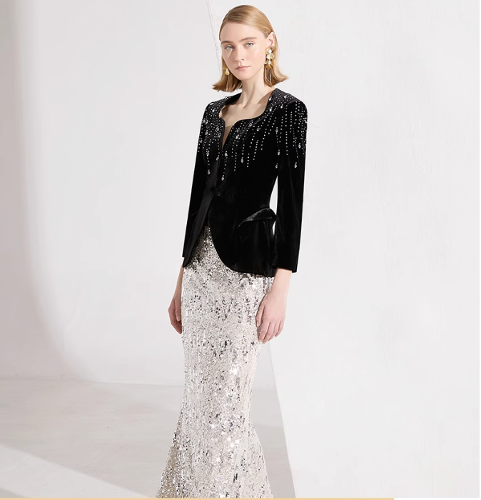 velvet embellished jacket with silver sequin mermaid skirt – AURORA