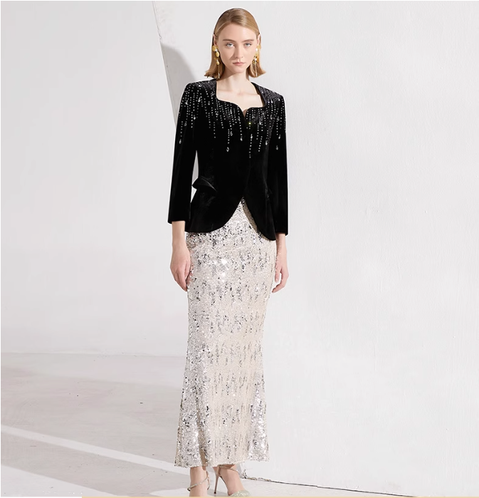 velvet embellished jacket with silver sequin mermaid skirt – AURORA