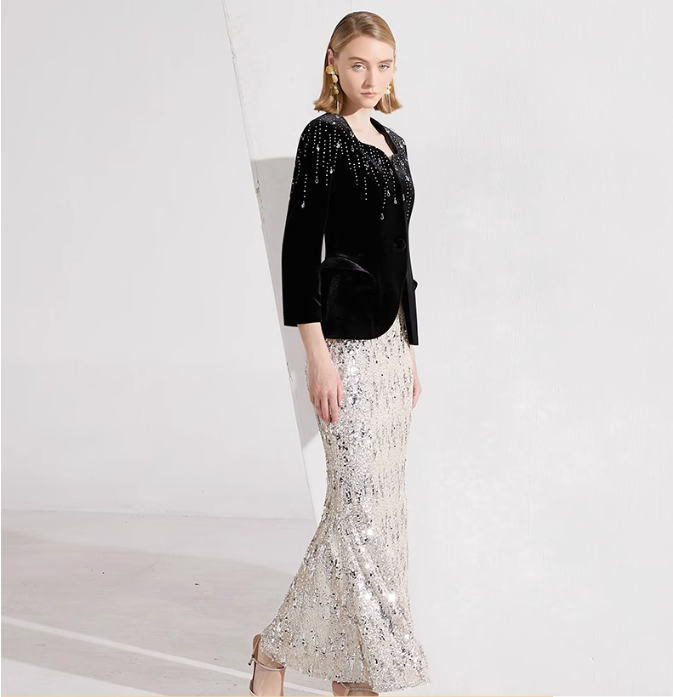 velvet embellished jacket with silver sequin mermaid skirt – AURORA