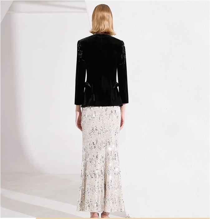 velvet embellished jacket with silver sequin mermaid skirt – AURORA