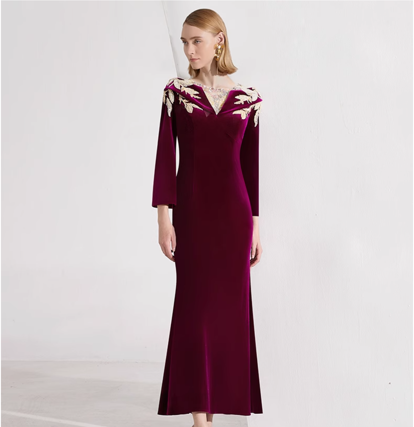 velvet gown with embroidered illusion neckline – AMARANTA