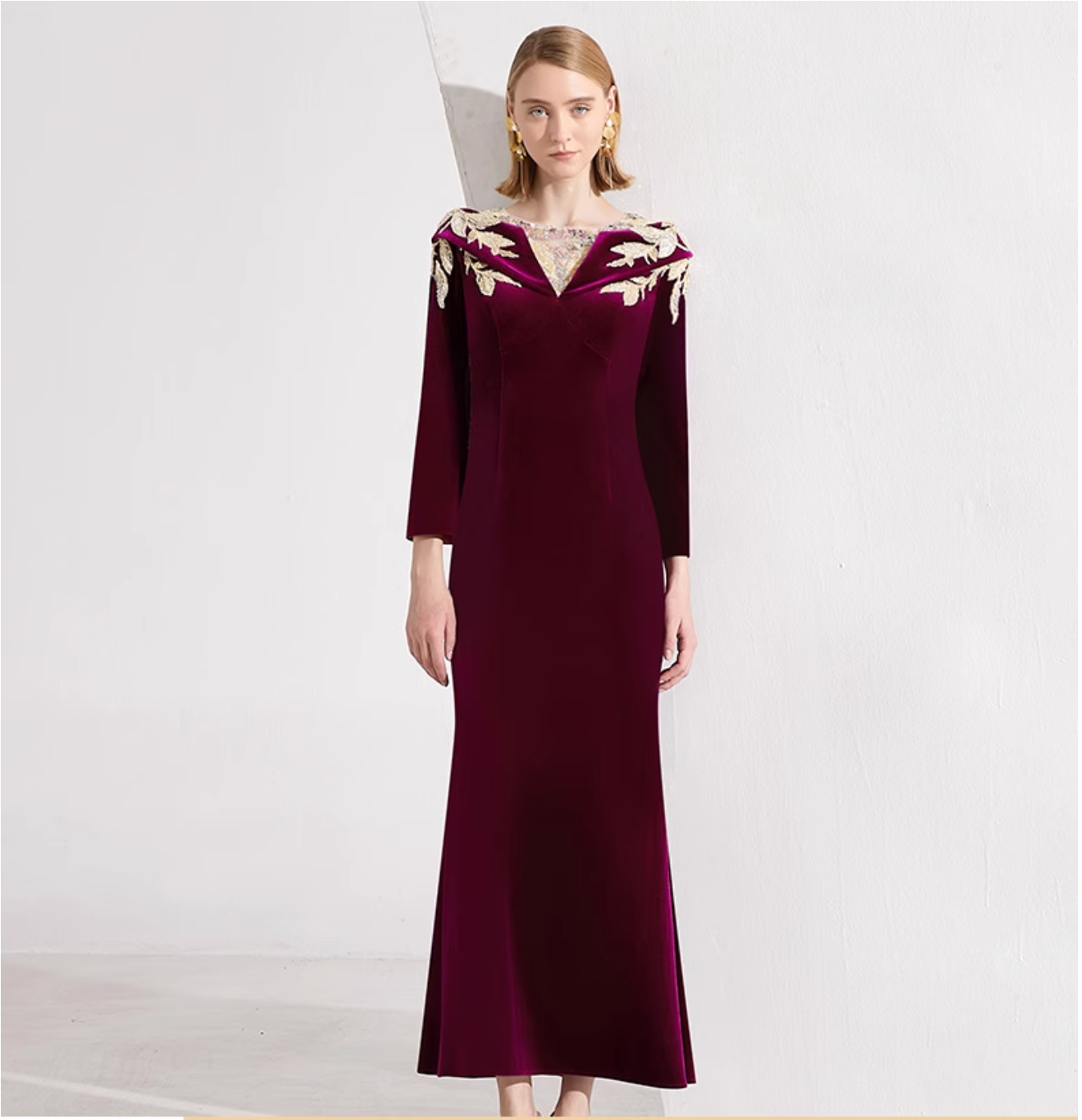 velvet gown with embroidered illusion neckline – AMARANTA