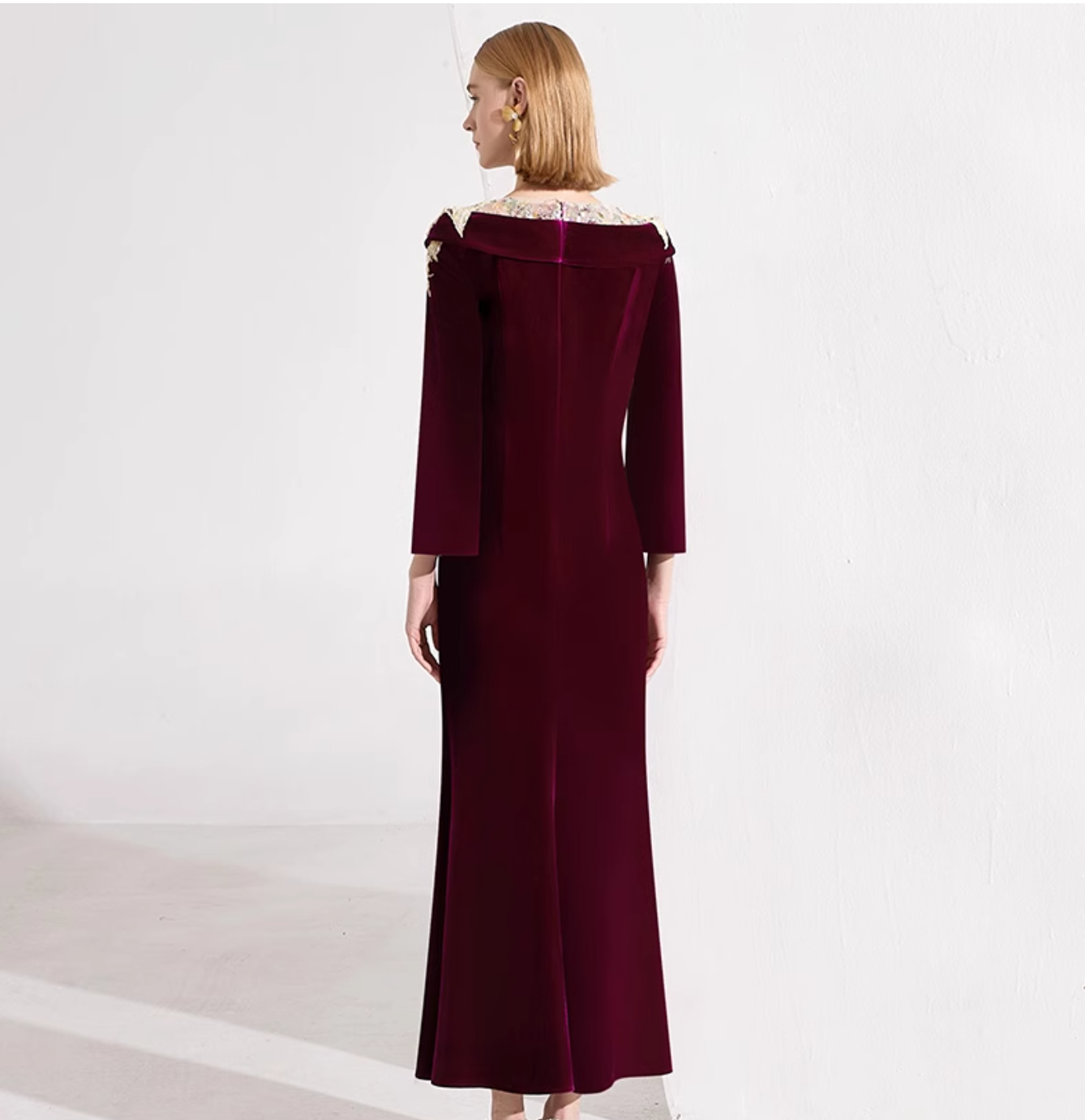 velvet gown with embroidered illusion neckline – AMARANTA