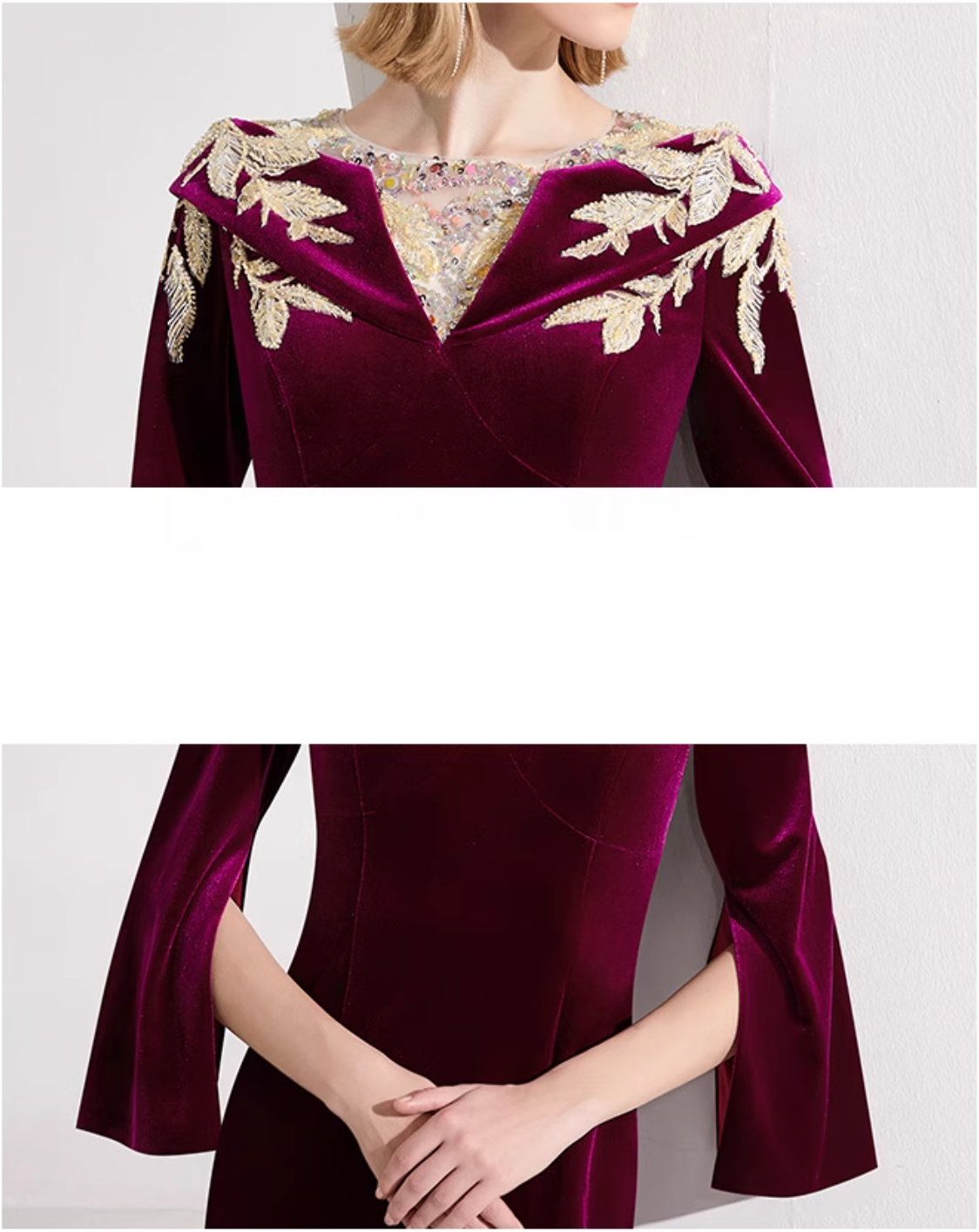 velvet gown with embroidered illusion neckline – AMARANTA